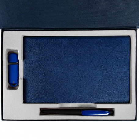 Коробка Silk с ложементом под ежедневник 13x21 см, флешку и ручку, ver. 2, темно-синяя